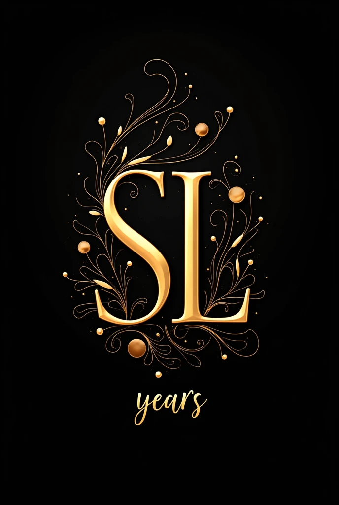 Create an elegant abstract artwork for Sheilla's 50th birthday. Use the initials 'SL' in metallic gold as the main focus, on a black background. Add abstract and sophisticated elements around the initials, like flowing patterns and elegant shapes. Include the text 'YEARS' in a smaller serif font below the initials. The image should reflect a luxurious and modern design."