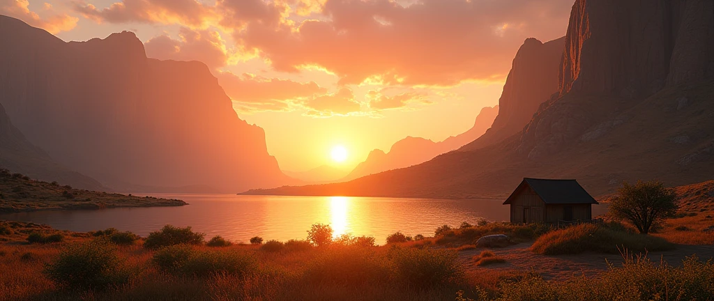 A scenic landscape of the African wilderness, a beautiful sunrise over a tranquil lake, a hut on one side of the scene, dramatic cinematic lighting, majestic rock formations, no animals or evil, breathtaking view, extreme detail, (best quality, 4k, 8k, high definition, masterpiece: 1.2), extreme detail, (realistic, realistic, photorealistic: 1.37), dramatic lighting, cinematic composition Pixar style close to the Lion King animation The land area is larger than the lake Trees and rocks Attention to precise theatrical perspective High quality on the scale of theatrical design Clear details Greek character dominates the place