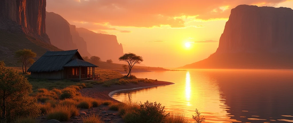 A scenic landscape of the African wilderness, a beautiful sunrise over a tranquil lake, a hut on one side of the scene, dramatic cinematic lighting, majestic rock formations, no animals or evil, breathtaking view, extreme detail, (best quality, 4k, 8k, high definition, masterpiece: 1.2), extreme detail, (realistic, realistic, photorealistic: 1.37), dramatic lighting, cinematic composition Pixar style close to the Lion King animation The land area is larger than the lake Trees and rocks Attention to precise theatrical perspective High quality on the scale of theatrical design Clear details Greek character dominates the place