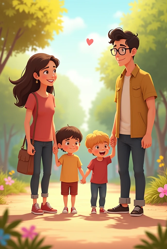 make a 34 year old woman, short and very long brown hair and a tall 3 man, Tez blanca, black hair and glasses happy with two children holding hands of each other in 2d animation