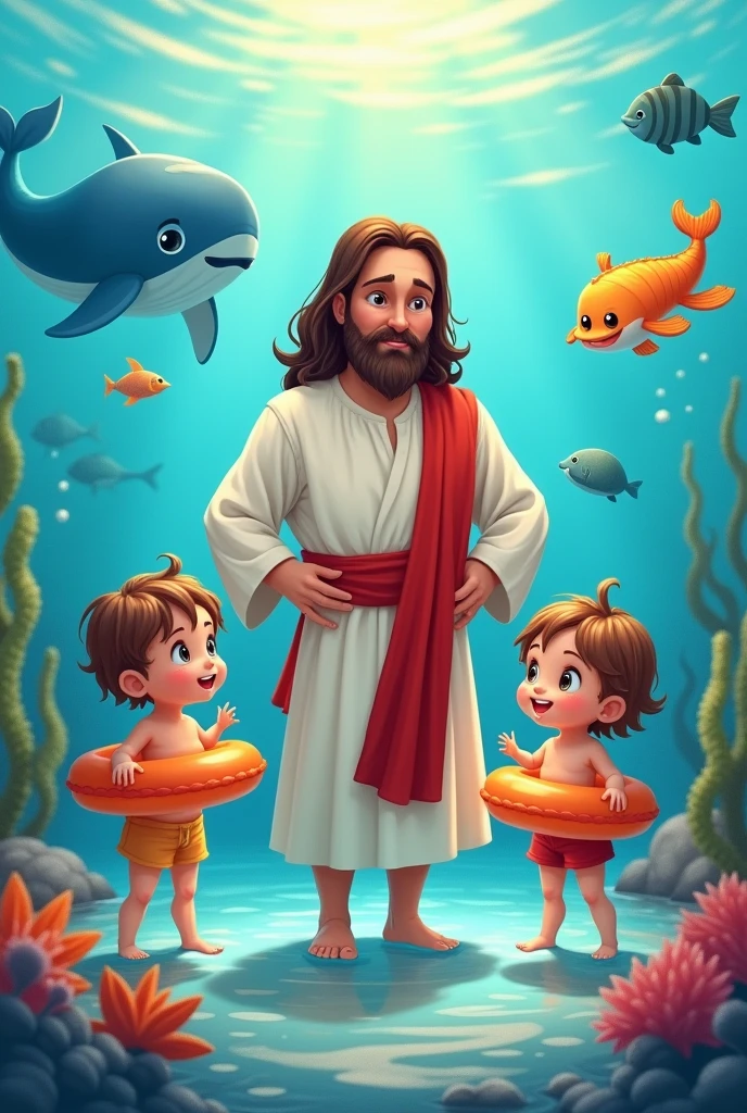 Create a themed shirt design : Jesus our slave-life.
Put Jesus in drawing, dress without glasses, and 2 children with floats, I want them in the sea, put whale, turtle and fish.
I want a blended background I want Jesus and the cartoon children I want the  and cute children and the cute Jesus dressed as a lifeguard