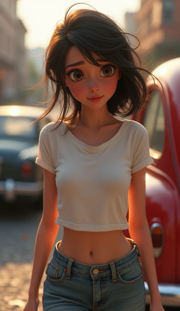 A georgous young woman with white t-shirt hit by a car, pixar , cinematic masterpiece aesthetic, realistic