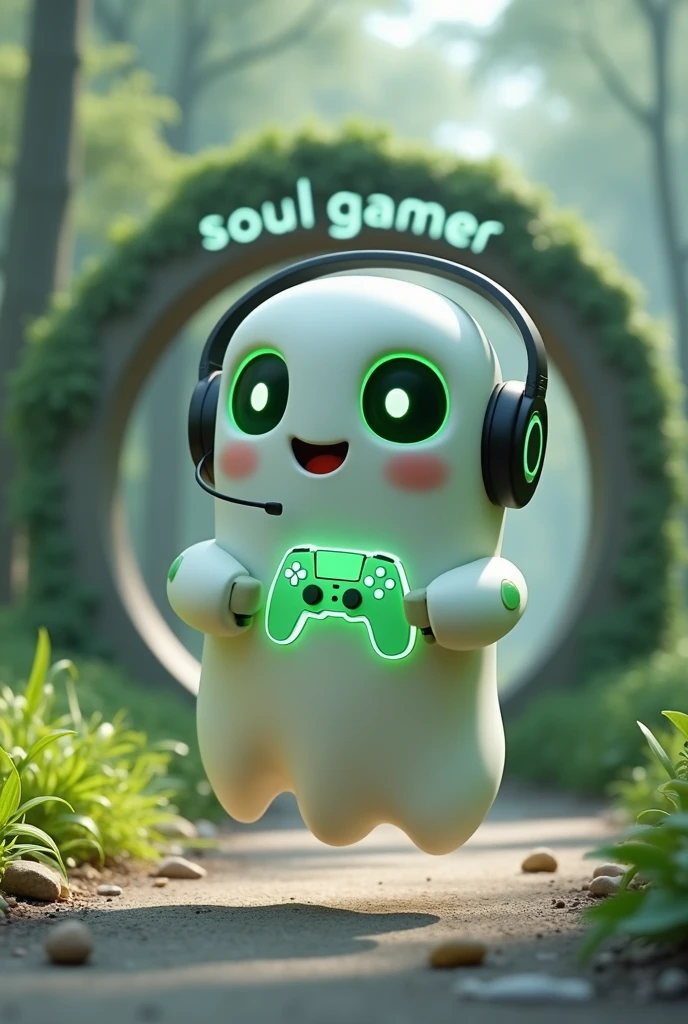 Create a medium-sized robot pet with a ghost-like appearance. Resembling a drop. On his hands he has five well-defined fingers. His facial expression has large, green eyes with a glow, conveying a friendly and cheerful expression. He has a small open mouth with a happy smile and flushed cheeks.. Its body is white with small green details and a smooth, slightly shiny texture.. He has a headset on his head with an adjustable microphone positioned close to his mouth.. And on his chest you can see the illuminated shape of a Playstation 5 controller in fluorescent green.. It floats in the air, as if he were ready for an adventure. Behind the character you can see a portal and on it is written "Soul Gamer"