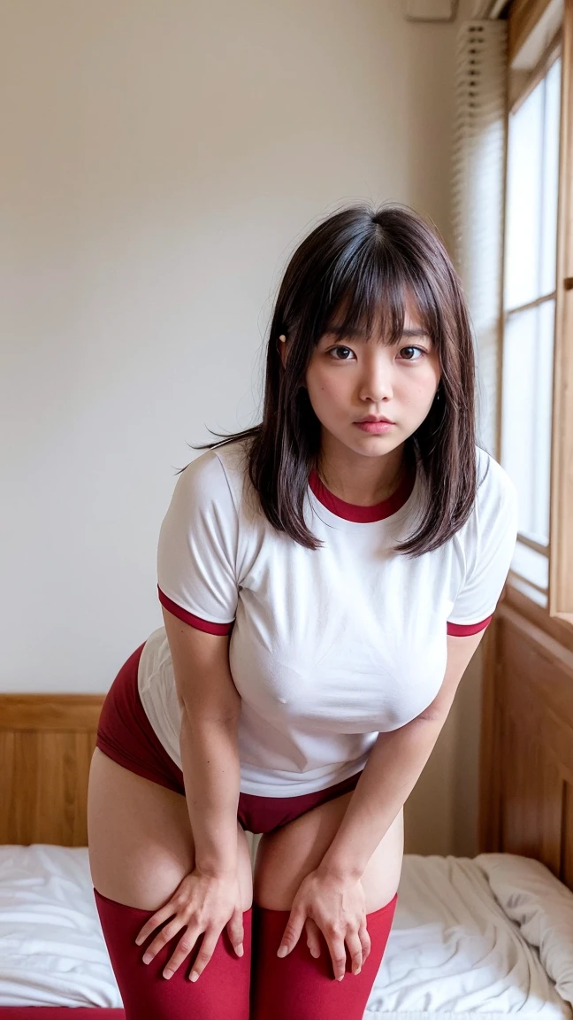 alone、16age、(young girl)(young face)、high school girl、Natural body shape、White skin、Whitening、Natural Makeup、(Black Hair:1.4)、(bangs)、(Straight Long Hair)、(short sleeves),(wine red buruma:1.5)(old Japanese white Gym Uniform:1.5)(tight wine red bloomers:1.5)(Big Breasts:1.5)、Smart Body、(Bedroom:1.3)、(looking at the camera:1.3)(cowboy shot:1.3),(from front:1.4)(bent over:1.5)(from below:1)