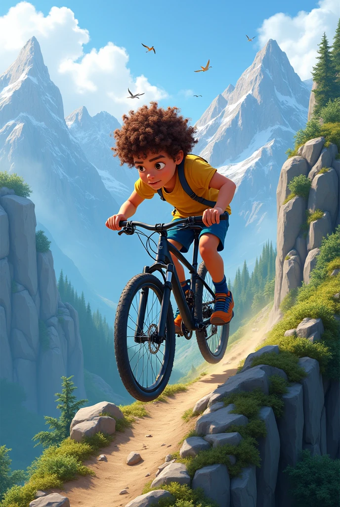 Create a Disney-like image of a  boy with curly brown hair who is practicing downhill on his professional bike, The boy practices downhill ramping on steep mountains