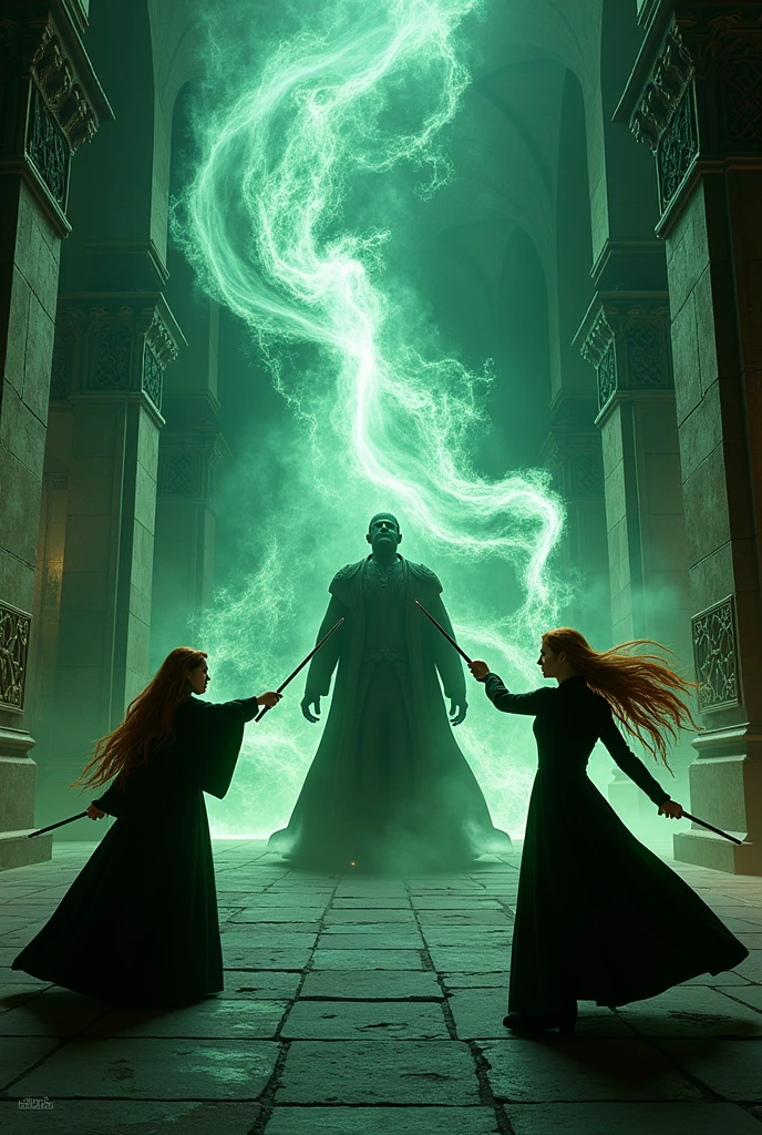 create an image where hermione granger is, Luna Lovegood and Ginny Weasley casting different spells in a fight against Lord Voldemort in the middle of the Chamber of Secrets