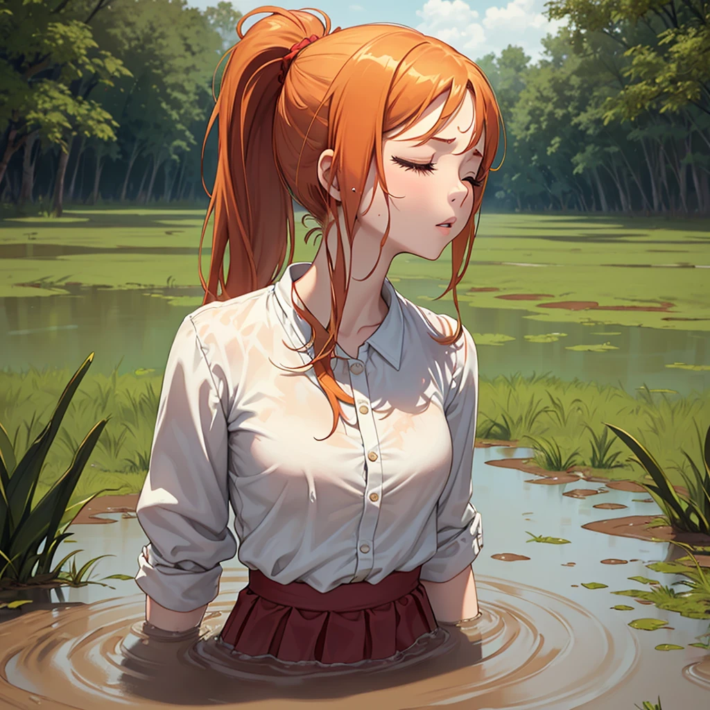 Solo girl, sweet ginger girl, 1 girl, muddy, dirty, ginger ponytail hair, drowning in quicksand, mud, swamp, bog, grass, trees, white blouse, (red skirt), (orgasm:1.5), (looking up:1.3), (eyes closed:1.4), from the torso up, (from side:1.4), head cocked back, arched back