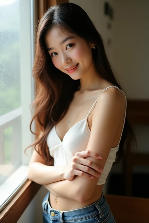 ((Highest quality)), ((masterpiece)), (detailed), One person,Japanese, sexy, By the classroom window,whole body,White camisole、Brown Hair、Arms crossed、smile、Dimples、Belly button piercing