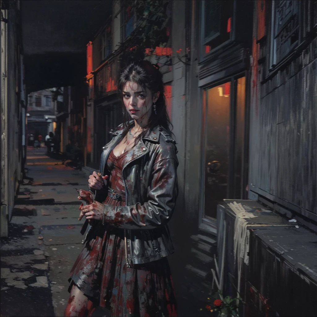 masterpiece,best quality,illustration, style of Mike Worrall and frank frazetta, high res, ((paiting)), (front view), death metal album cover featuring a beautiful 20 years old girl, she is waiting for viewer in a dark alley with wicked intent, ((looking at viewer)), wearing a black leather jacket and spiked bracelet, ((holding a bloodied knife)), (blood on her hands) . ((night)), ((in a dark alley)), dark color palette, perfect anatomy