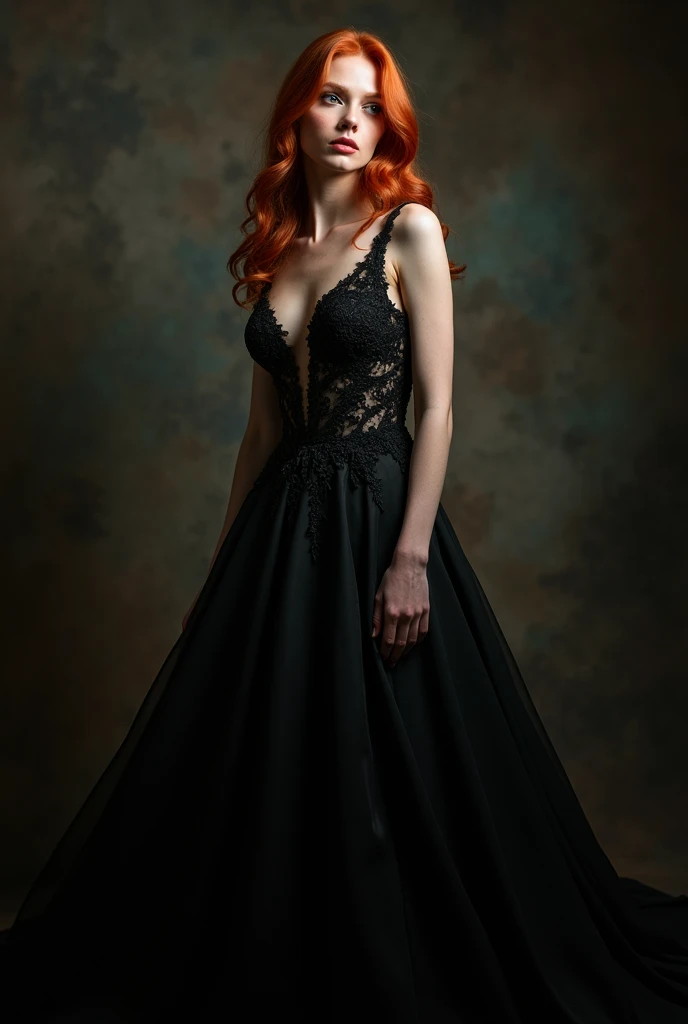 Redhead woman in black prom dress,Full-body image 