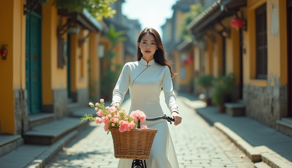 Make a photo of a Vietnamese female model wearing a white Ao Dai. Riding a bike on an old street. 50mm lens. bright. realistic. Focus your eyes well. Full shot. Make a basket and a bouquet of flowers in front of the bike. 