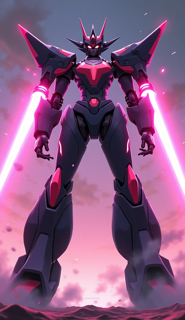 anime, Giant Robot, A dynamic full-body image of a black, pink, and coral pink female super robot fighting with lasers coming out of her palms. Simple Background,universe,