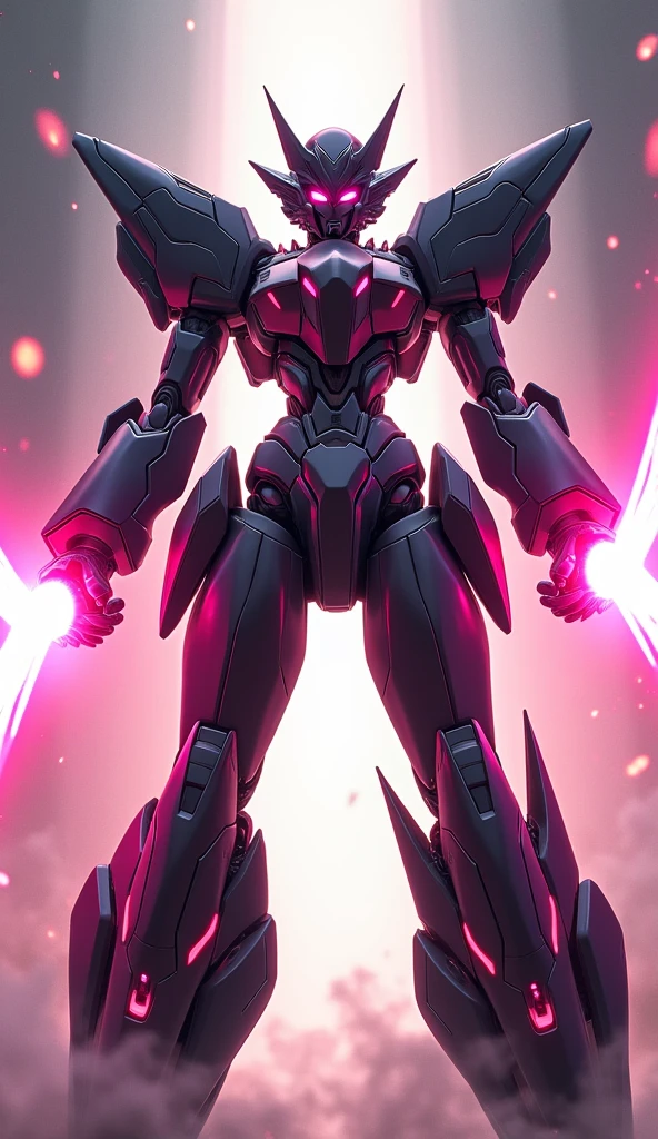 anime, Giant Robot, A dynamic full-body image of a black, pink, and coral pink female super robot fighting with lasers coming out of her palms. Simple Background,universe,