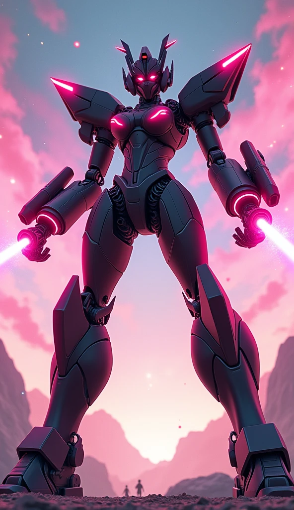 anime, Giant Robot, A dynamic full-body image of a black, pink, and coral pink female super robot fighting with lasers coming out of her palms. Simple Background,universe,