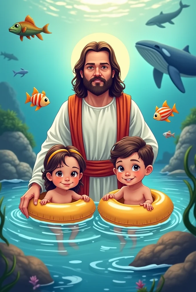 Create a themed shirt design : Jesus our slave-life.
Put Jesus in drawing, dress without glasses, and 2 children with floats, I want them in the sea, put whale, turtle and fish.
I want a blended background I want Jesus and the cartoon children I want the cute little children and the cute Jesus dressed as a lifeguard Blended background