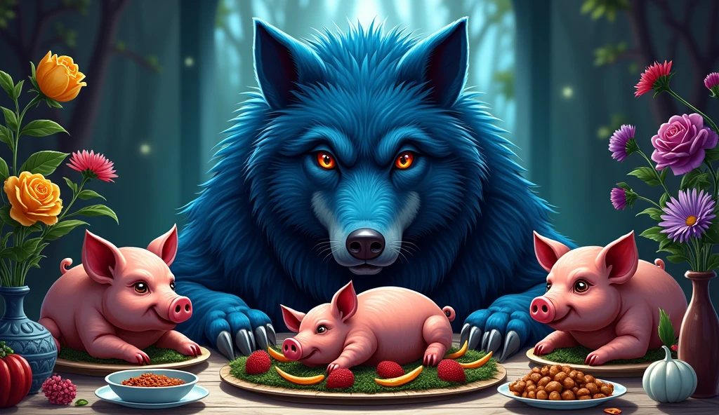 Table with three roast pigs (A rose,a yellow is a purple)
It's a blue wolf sitting down to the feast. A less realistic image, more drawn. A less cute photo. more evil