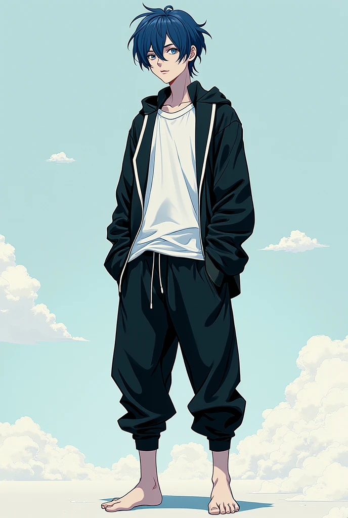 A comic book style character, tall with very dark blue hair, Sky blue eyes and white skin but not so white. His outfit consists of a black long-sleeved shirt with a collar and a white shirt over it., At the bottom he has a black sweatshirt and he is barefoot.