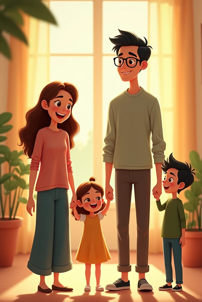 make a 34 year old woman, short and very long brown hair and a tall 3 man, Tez blanca, black hair and glasses happy with a boy and a girl holding each other&#39;s hands in 2d animation