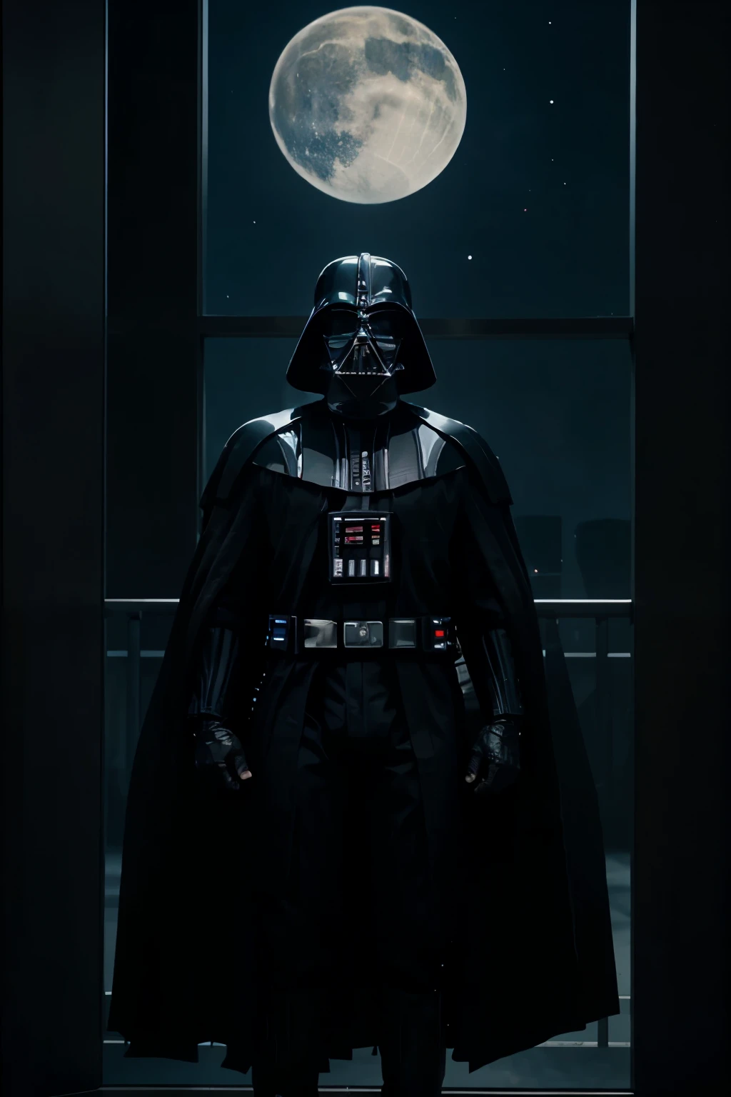 Darth Vader standing tall with a huge window behind him showing stars and black space. he faces directly toward us and holds both hands shoulder wide apart at waist level. He throws his head back as if howling in pleasure.
