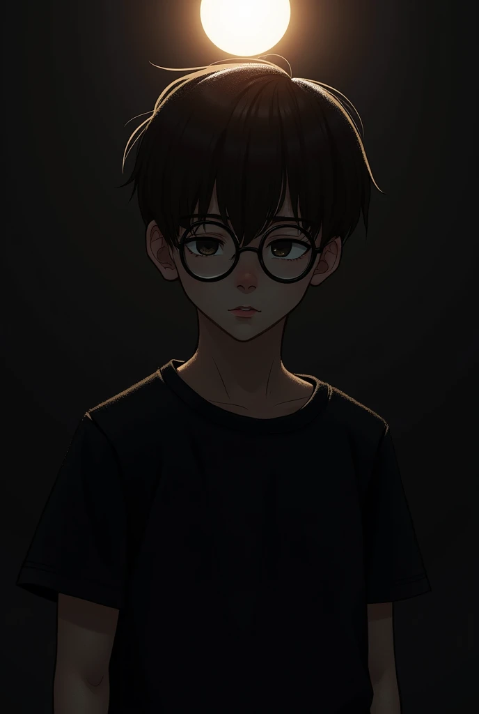 Boy with glasses with black background with sun behind him and he is sad and his face is hidden and a young boy and black shirt and the right side of face can see