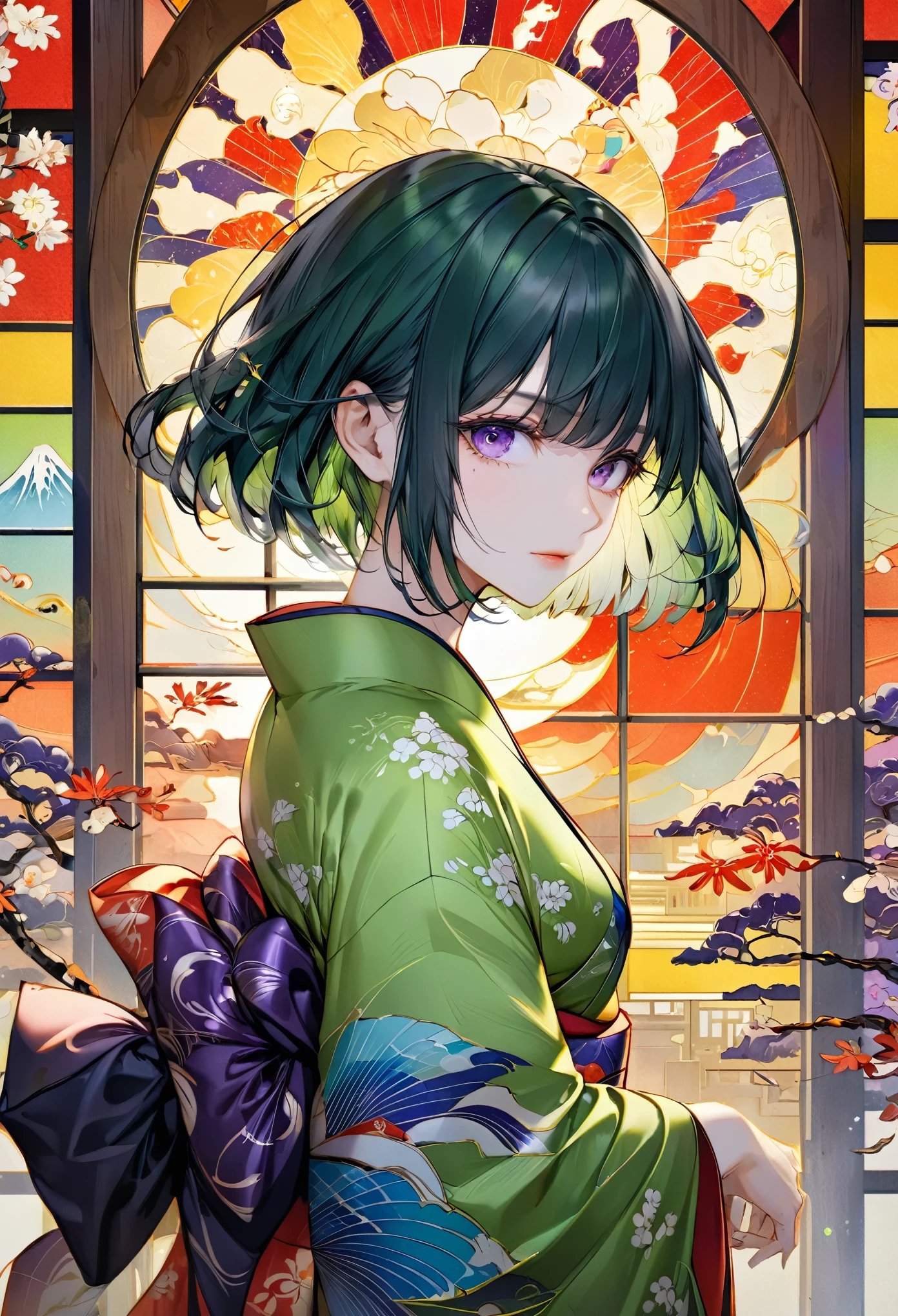 Ukiyo-e, Japanese painting, woodblock print, Beautiful woman, Wearing colorful open-necked kimonos, Background stained glass, Conceptual installation art, (Super detailed, The absolute solution, Highest quality:1.3), 2.5D, delicate and dynamic, artistic, Hyper, Graphics CG Digital Art、Green Hair、Purple Eyes、short hair、whole body、front、