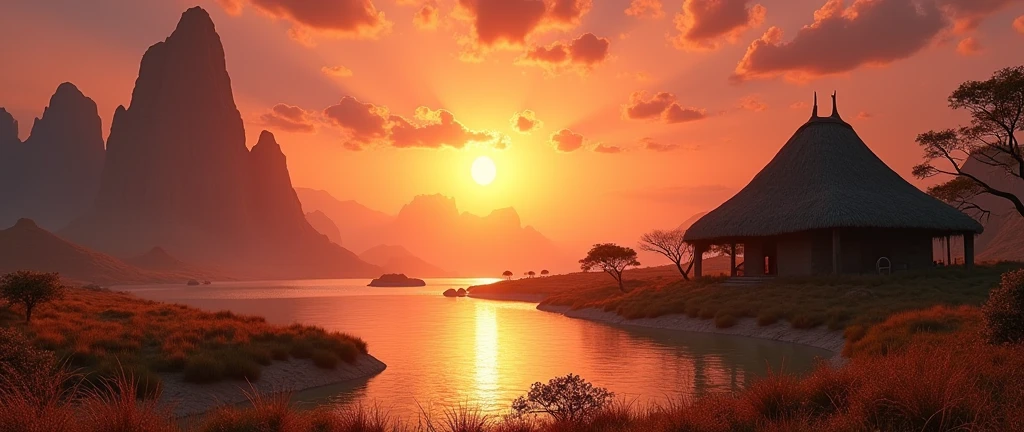 A stunning landscape of the African wilderness, a beautiful sunrise over a tranquil lake, an African hut on one side of the scene, dramatic cinematic lighting, majestic rock formations, no animals or evil, breathtaking view, extreme detail, (best quality, 4k, 8k, high definition, masterpiece: 1.2), extreme detail, (realistic, realistic, photorealistic: 1.37), dramatic lighting, cinematic composition Pixar style close to the Lion King animation The land area is larger than the lake Trees and rocks Attention to precise theatrical perspective High quality on the scale of theatrical design Clear details Greek character dominates the place