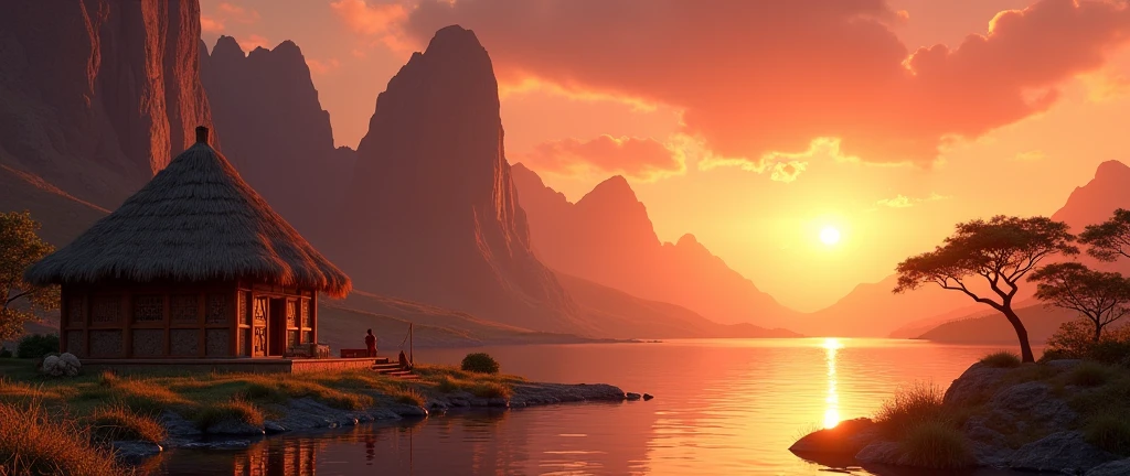 A stunning landscape of the African wilderness, a beautiful sunrise over a tranquil lake, an African hut on one side of the scene, dramatic cinematic lighting, majestic rock formations, no animals or evil, breathtaking view, extreme detail, (best quality, 4k, 8k, high definition, masterpiece: 1.2), extreme detail, (realistic, realistic, photorealistic: 1.37), dramatic lighting, cinematic composition Pixar style close to the Lion King animation The land area is larger than the lake Trees and rocks Attention to precise theatrical perspective High quality on the scale of theatrical design Clear details Greek character dominates the place