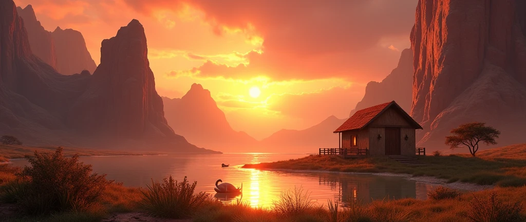 A stunning landscape of the African wilderness, a beautiful sunrise over a tranquil lake, an African hut on one side of the scene, dramatic cinematic lighting, majestic rock formations, no animals or evil, breathtaking view, extreme detail, (best quality, 4k, 8k, high definition, masterpiece: 1.2), extreme detail, (realistic, realistic, photorealistic: 1.37), dramatic lighting, cinematic composition Pixar style close to the Lion King animation The land area is larger than the lake Trees and rocks Attention to precise theatrical perspective High quality on the scale of theatrical design Clear details Greek character dominates the place