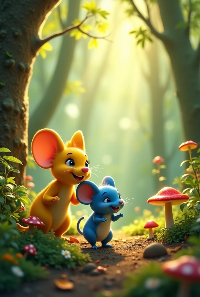 A blue mouse child wanders through the forest, laughing. Next to a yellow daddy mouse, smiles and looks at the blue mouse with love