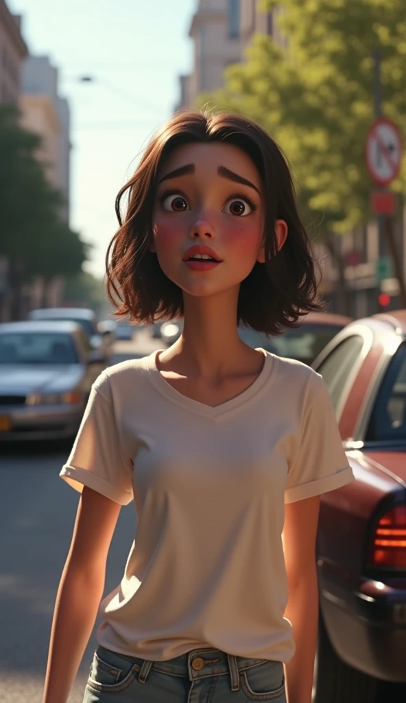 A georgous young woman with white t-shirt hit by a car, pixar , cinematic masterpiece aesthetic, realistic
