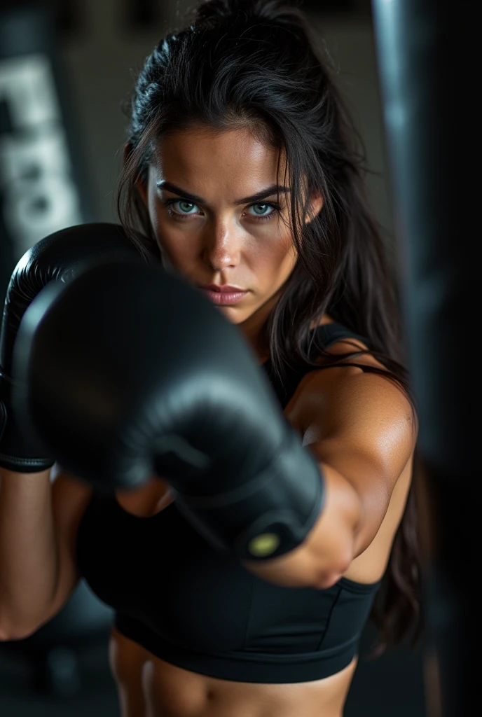 Realistic black haired woman, intimidating blue eyes, she has very white skin, she wears black workout clothes. She is training on the punching bag, box training, fully concentrated and spontaneous.