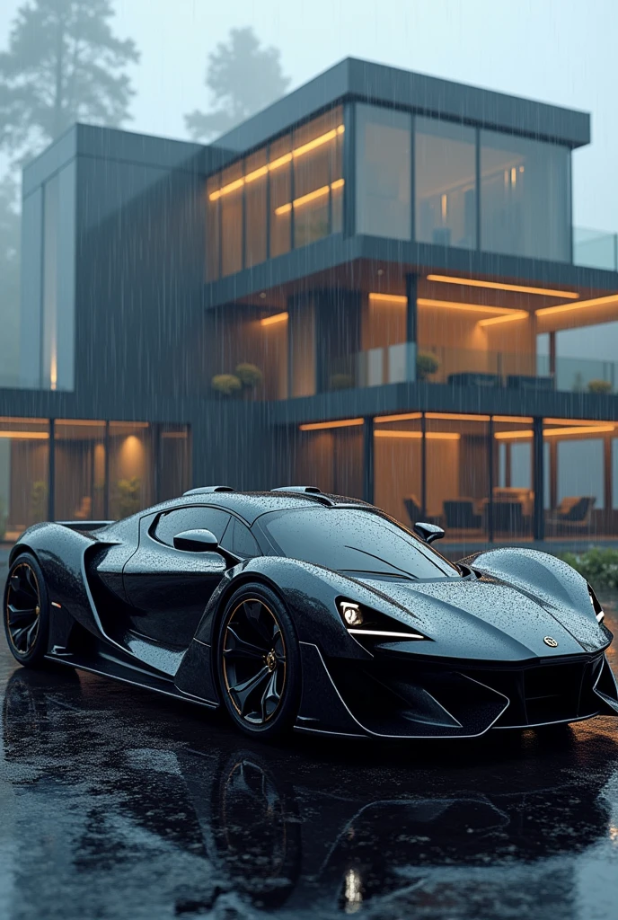 futuristic ir1 hypercar in front of a loft mansion with rain