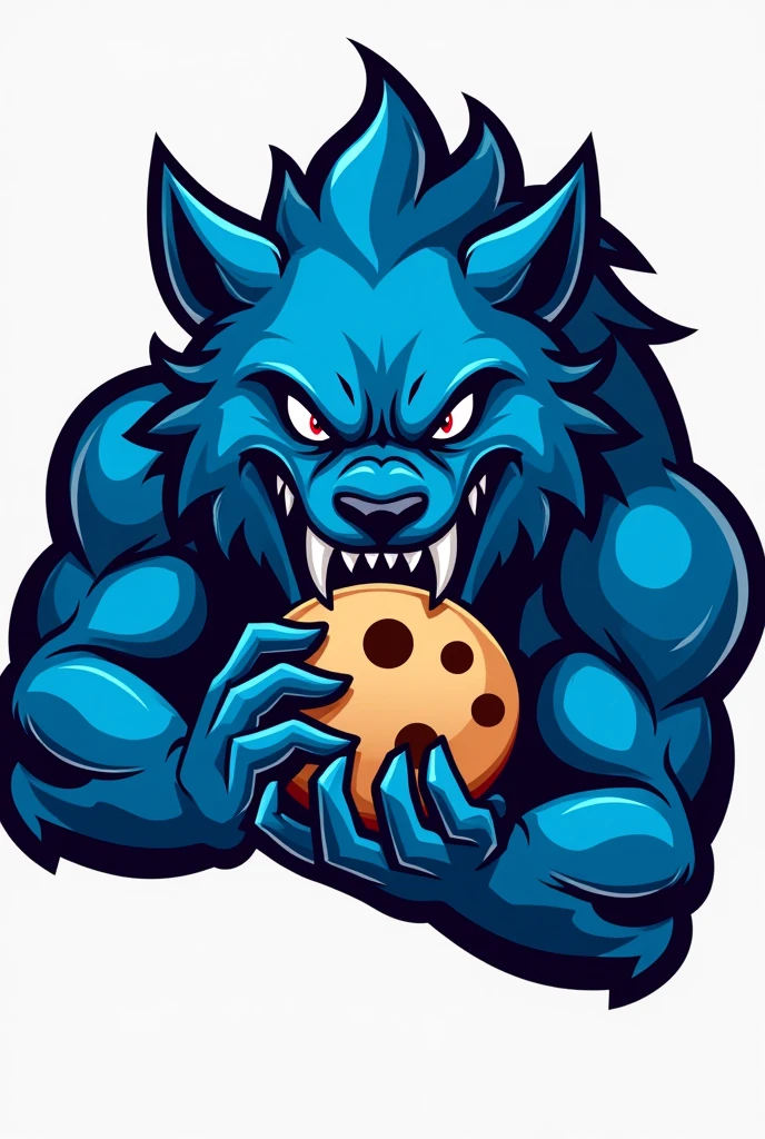Volleyball team logo with blue angry anthropomorphic animal eating a cookie