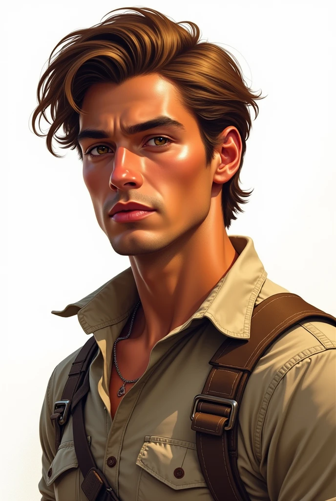 Create a hyper-realistic illustration of a young man, skin tanned, jaw and marked features, eyes browns, AND MEDIUM LONG HAIR, well combed back and coppery brown color, fully body, safari outfit, white background