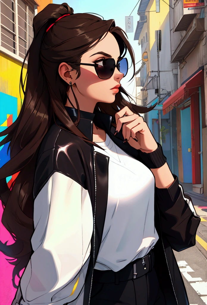 Create profile of young woman with dark brown hair looking straight ahead, to wear black sunglasses