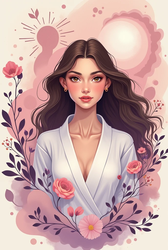 Create a vector image of a very cute girl looking straight ahead with big eyes and long brown hair dressed in a white robe and in the background a cloud of ideas with elements related to psychology using pink and lilac tones 