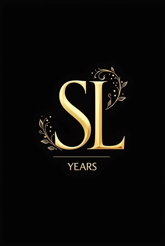 Create an abstract and elegant visual identity for a 50th birthday party. Featured 'SL' initials in metallic gold on a solid black background. Use a sophisticated, abstract design around the initials, with elegant shapes and patterns. Replace 'ANNIVERSARY' with 'YEARS' in a smaller serif font, harmoniously positioned below the initials. The image must convey a sense of luxury and exclusivity.
