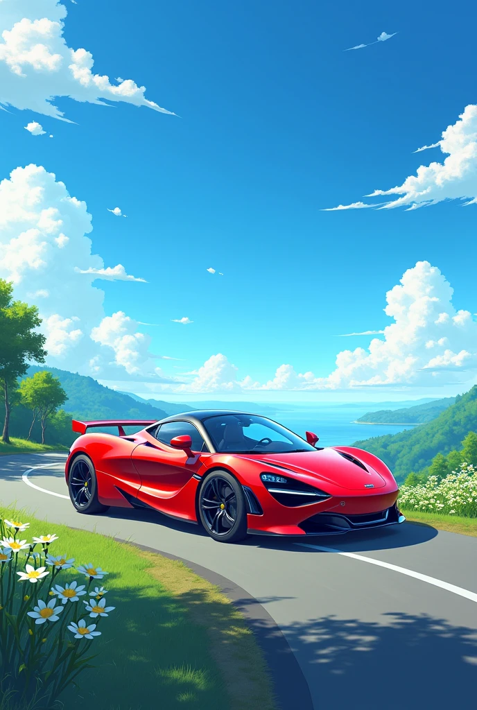 A red coloured car parked on the road the sky is clear and it's sunny day,imagine an anime style picture of the view from wide angle