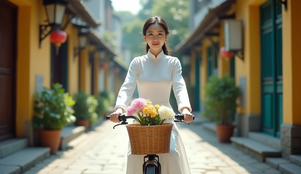 Make a photo of a Vietnamese female model wearing a white Ao Dai. Riding a bike on an old street. 50mm lens. bright. realistic. Focus your eyes well. Full shot. Make a basket and a bouquet of flowers in front of the bike.