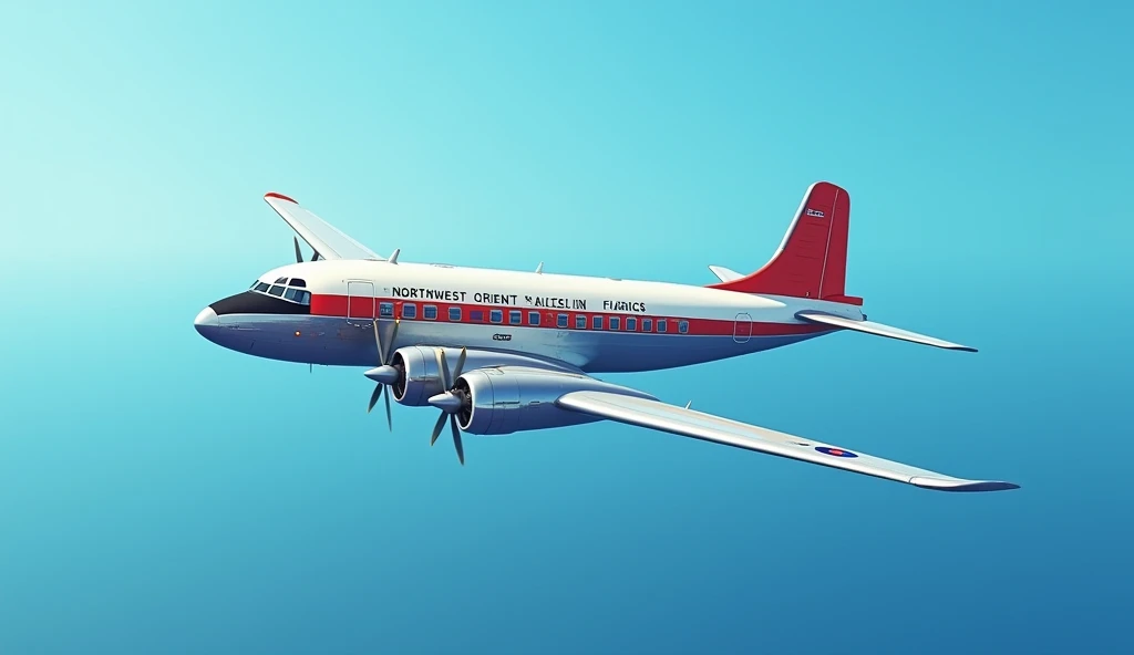 "An aerial shot of a vintage airplane flying through a clear blue sky in the early 1970s, showing Northwest Orient Airlines branding." high realistic