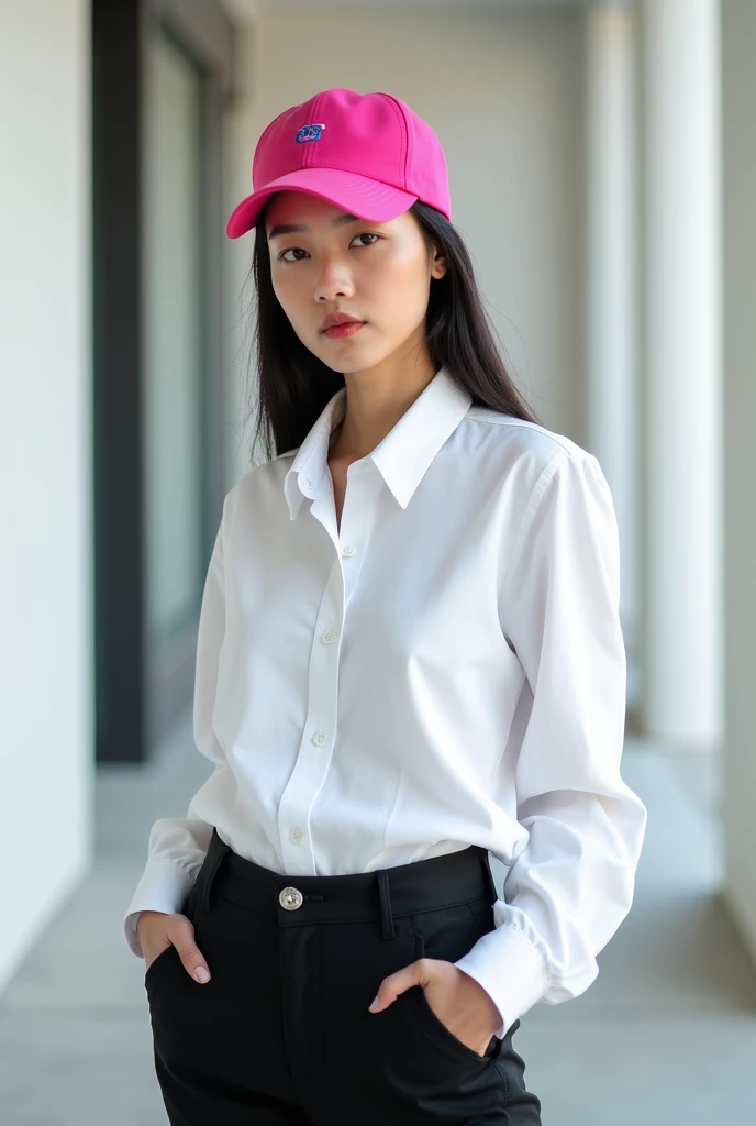 Create a person with a white shirt, black pants and a pink cap