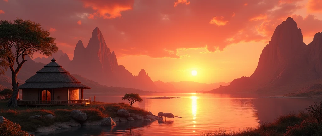 A stunning landscape of the African wilderness, a beautiful sunrise over a tranquil lake, an African hut on one side of the scene, dramatic cinematic lighting, majestic rock formations, no animals or evil, breathtaking view, extreme detail, (best quality, 4k, 8k, high definition, masterpiece: 1.2), extreme detail, (realistic, realistic, photorealistic: 1.37), dramatic lighting, cinematic composition Pixar style close to the Lion King animation The land area is larger than the lake Trees and rocks Attention to precise theatrical perspective High quality on the scale of theatrical design Clear details Greek character dominates the place