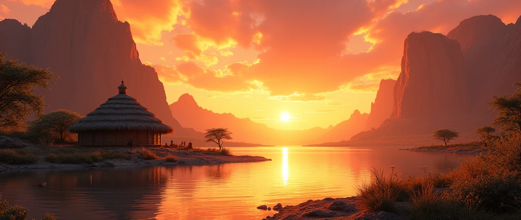 A stunning landscape of the African wilderness, a beautiful sunrise over a tranquil lake, an African hut on one side of the scene, dramatic cinematic lighting, majestic rock formations, no animals or evil, breathtaking view, extreme detail, (best quality, 4k, 8k, high definition, masterpiece: 1.2), extreme detail, (realistic, realistic, photorealistic: 1.37), dramatic lighting, cinematic composition Pixar style close to the Lion King animation The land area is larger than the lake Trees and rocks Attention to precise theatrical perspective High quality on the scale of theatrical design Clear details Greek character dominates the place