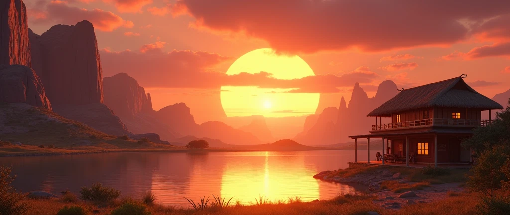 A stunning landscape of the African wilderness, a beautiful sunrise over a tranquil lake, an African hut on one side of the scene, dramatic cinematic lighting, majestic rock formations, no animals or evil, breathtaking view, extreme detail, (best quality, 4k, 8k, high definition, masterpiece: 1.2), extreme detail, (realistic, realistic, photorealistic: 1.37), dramatic lighting, cinematic composition Pixar style close to the Lion King animation The land area is larger than the lake Trees and rocks Attention to precise theatrical perspective High quality on the scale of theatrical design Clear details Greek character dominates the place