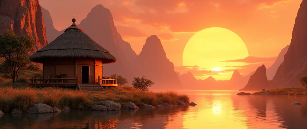 A stunning landscape of the African wilderness, a beautiful sunrise over a tranquil lake, an African hut on one side of the scene, dramatic cinematic lighting, majestic rock formations, no animals or evil, breathtaking view, extreme detail, (best quality, 4k, 8k, high definition, masterpiece: 1.2), extreme detail, (realistic, realistic, photorealistic: 1.37), dramatic lighting, cinematic composition Pixar style close to the Lion King animation The land area is larger than the lake Trees and rocks Attention to precise theatrical perspective High quality on the scale of theatrical design Clear details Greek character dominates the place