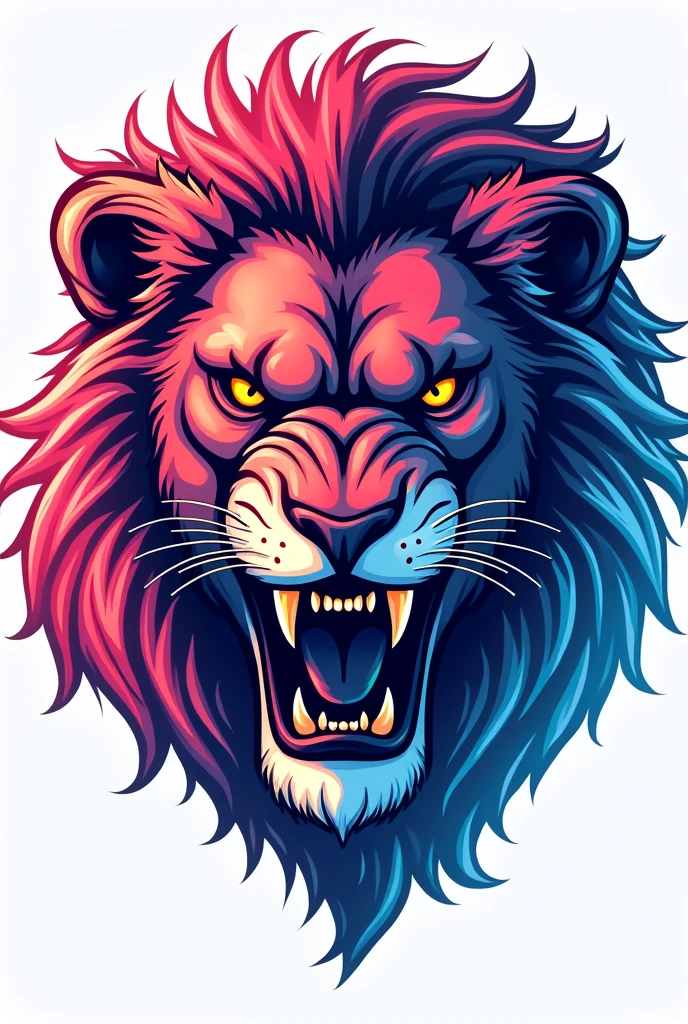 Logo No background Angry Lion Face no background,
Looking at the horizon with orange eyes, the lines of the drawing from pink to blue, litmus
