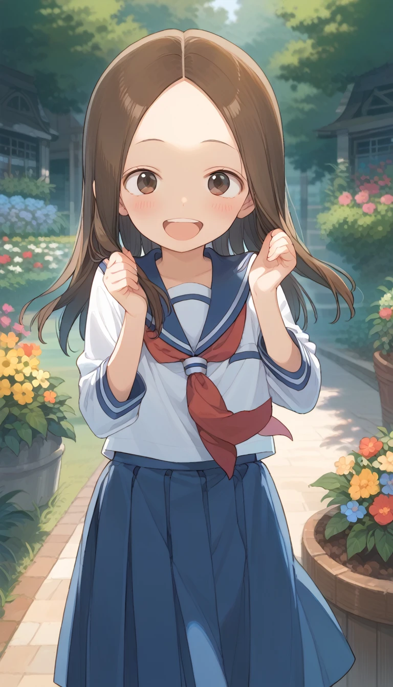 score_9, score_8_up, score_7_up, source_anime, (masterpiece), best quality, expressive eyes, perfect eyes, perfect face, 1girl, {looking at viewer}, garden, outdoors, takagi-san, takagi, brown hair, brown eyes, long hair, white serafuku, blue stripes, blue skirt, red necktie, Laugh, Dancing gracefully