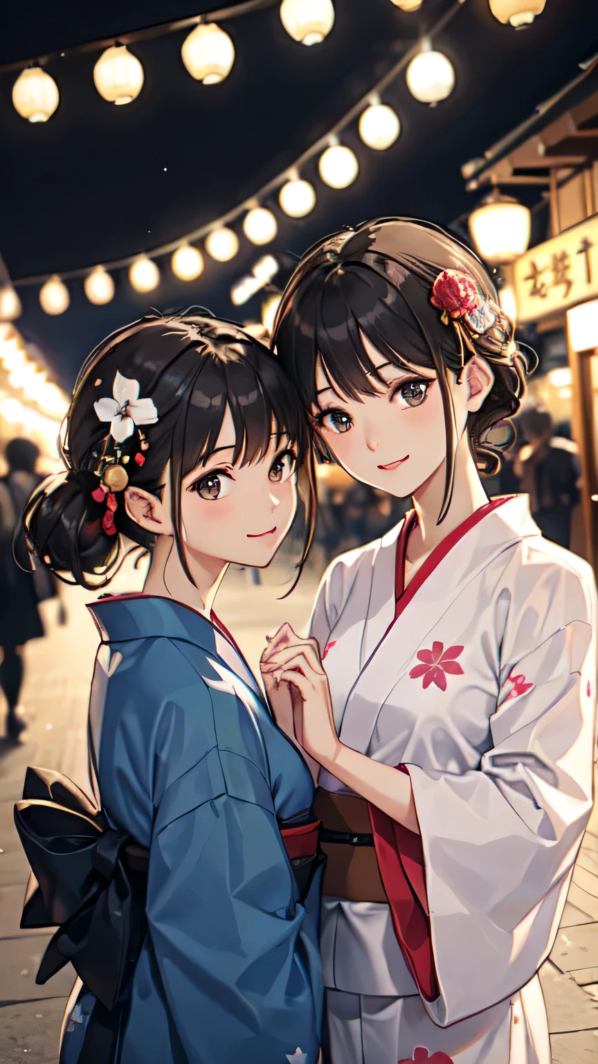((Highest quality)), ((masterpiece)), (detailed), One person, Almond Eye,night,You smile in your yukata as the festival lights flicker., We walk this road holding hands, A secret time just for the two of us,Close up of face
