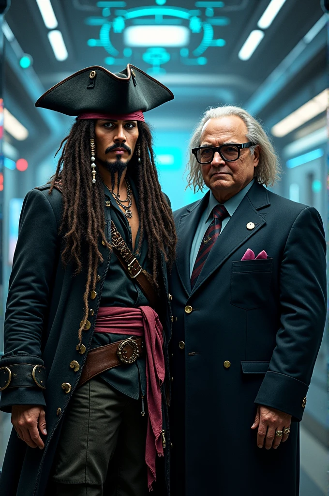 Can You Please generate an image of Captain Jack Sparow and Dr. Gru standing together being a cyber security professional?