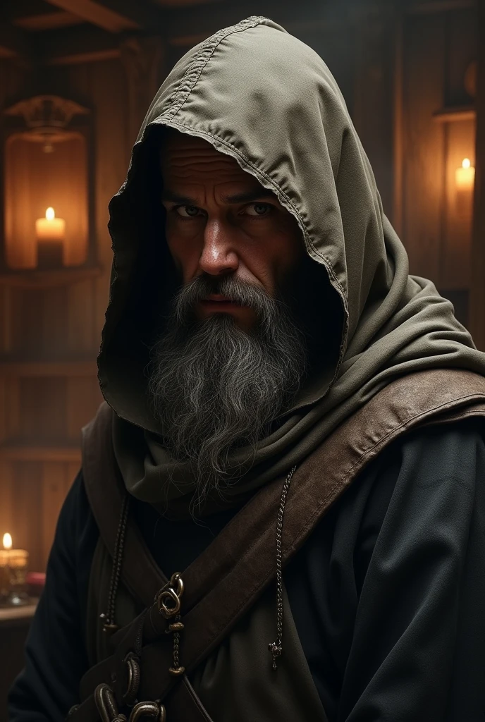 create a tavern keeper who has a beard, and wears a hood, for a role-playing game, the image of the tavern keeper is only from the chest up, tavern keeper looking at the viewer